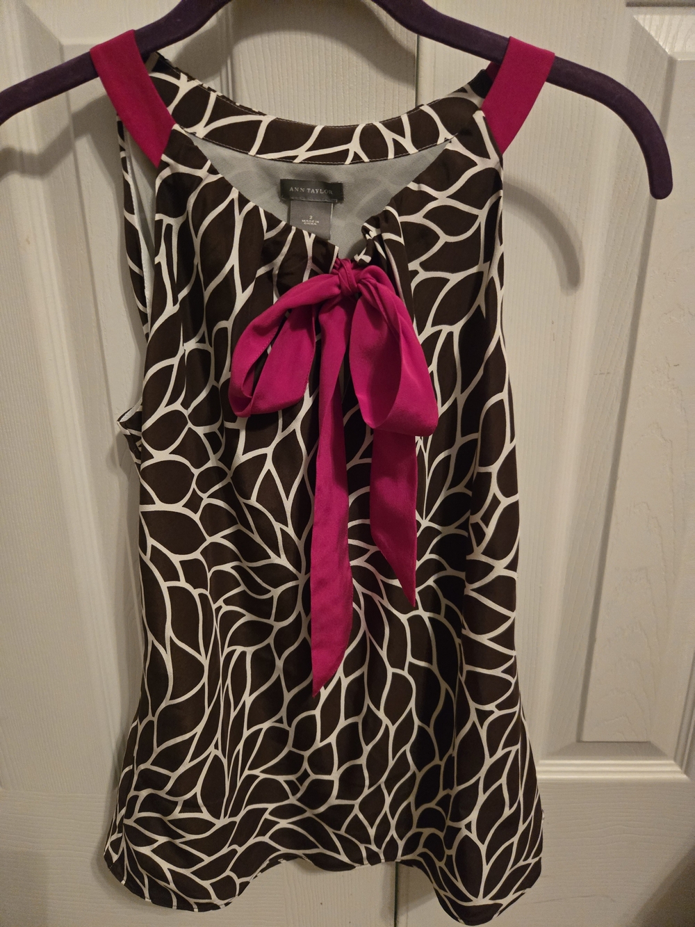 Ann Taylor Brown & Hot Pink Bow-Front Sleeveless Blouse